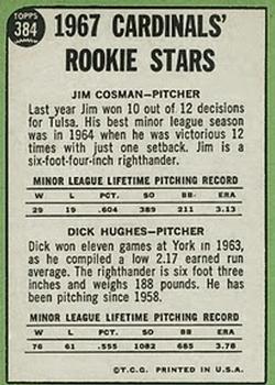 Topps 384 Cards 1967 Rookie Stars (Jim Cosman / Dick Hughes) back