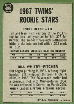 Topps 486 Twins 1967 Rookie Stars (Rich Reese / Bill Whitby) back
