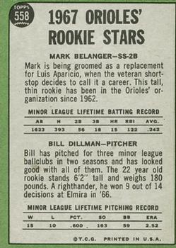 Topps 558 Orioles 1967 Rookie Stars (Mark Belanger / Bill Dillman) back
