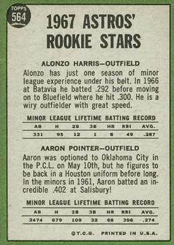 Topps 564 Astros 1967 Rookie Stars (Alonzo Harris / Aaron Pointer) back