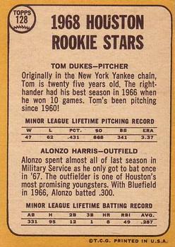 Topps 128 Houston 1968 Rookie Stars (Tom Dukes / Alonzo Harris) back