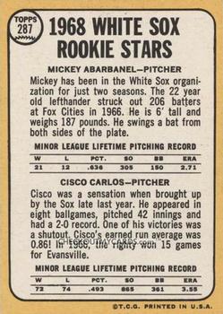 Topps 287 White Sox 1968 Rookie Stars (Mickey Abarbanel / Cisco Carlos) back
