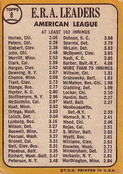 Topps 8 American League 1967 ERA Leaders (Joe Horlen / Gary Peters / Sonny Siebert) back
