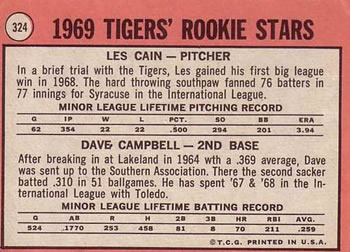 Topps 324 Tigers 1969 Rookie Stars (Les Cain / Dave Campbell) back