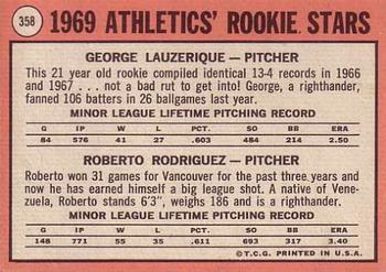 Topps 358 Athletics 1969 Rookie Stars (George Lauzerique / Roberto Rodriguez) back