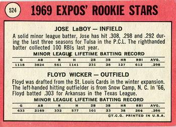 Topps 524 Expos 1969 Rookie Stars (Jose Laboy / Floyd Wicker) back