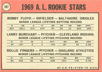 Topps 597 American League 1969 Rookie Stars (Bob Floyd / Larry Burchart / Rollie Fingers) back