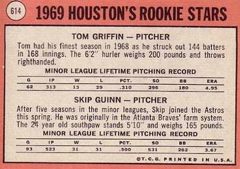 Topps 614 Houston 1969 Rookie Stars (Tom Griffin / Skip Guinn) back
