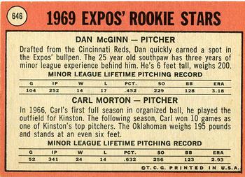 Topps 646 Expos 1969 Rookie Stars (Dan McGinn / Carl Morton) back