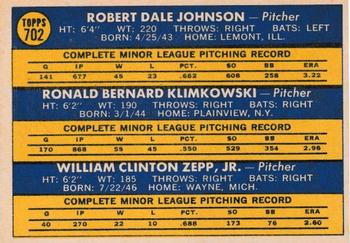 Topps 702 A.L. 1970 Rookie Stars (Bob Johnson / Ron Klimkowski / Bill Zepp) back