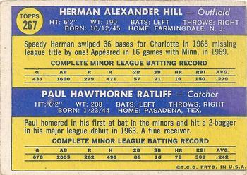 Topps 267 Twins 1970 Rookie Stars (Herman Hill / Paul Ratliff) back