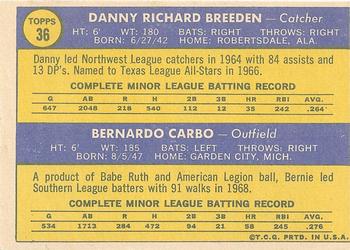 Topps 36 Reds 1970 Rookie Stars (Danny Breeden / Bernie Carbo) back