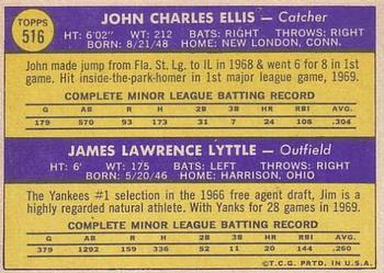 Topps 516 Yankees 1970 Rookie Stars (John Ellis / Jim Lyttle) back