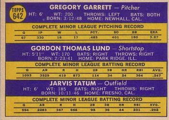 Topps 642 Angels 1970 Rookie Stars (Greg Garrett / Gordon Lund / Jarvis Tatum) back