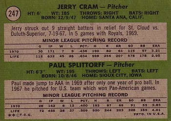 Topps 247 Royals 1971 Rookie Stars (Jerry Cram / Paul Splittorff) back