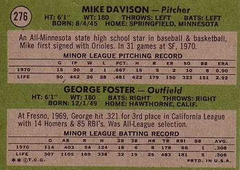 Topps 276 Giants 1971 Rookie Stars (Mike Davison / George Foster) back
