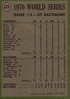 Topps 329 1970 World Series Game 3: F. Robinson Shows Muscle! back
