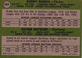 Topps 404 Astros 1971 Rookie Stars (Buddy Harris / Roger Metzger) back