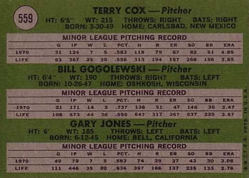 Topps 559 American League 1971 Rookie Stars (Terry Cox / Bill Gogolewski / Gary Jones) back