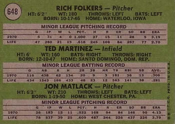 Topps 648 Mets 1971 Rookie Stars (Rich Folkers / Ted Martinez / Jon Matlack) back