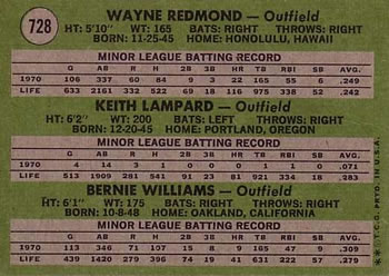 Topps 728 N.L. Outfielders 1971 Rookie Stars (Wayne Redmond / Keith Lampard / Bernie Williams) back