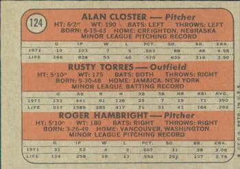 Topps 124 Yankees 1972 Rookie Stars (Alan Closter / Rusty Torres / Roger Hambright) back
