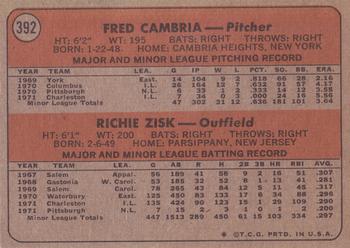 Topps 392 Pirates 1972 Rookie Stars (Fred Cambria / Richie Zisk) back