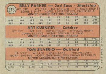 Topps 213 Angels 1972 Rookie Stars (Billy Parker / Art Kusnyer / Tom Silverio) back