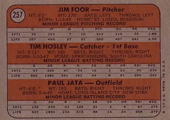 Topps 257 Tigers 1972 Rookie Stars (Jim Foor / Tim Hosley / Paul Jata) back