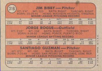 Topps 316 Cardinals 1972 Rookie Stars (Jim Bibby / Jorge Roque / Santiago Guzman) back