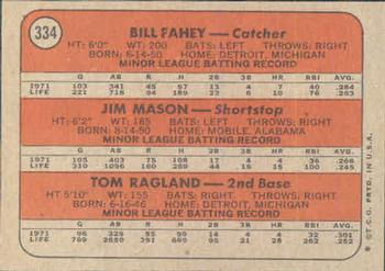 Topps 334 Rangers 1972 Rookie Stars (Bill Fahey / Jim Mason / Tom Ragland) back