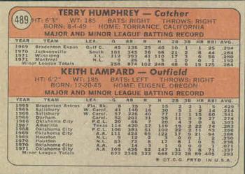 Topps 489 Expos 1972 Rookie Stars (Terry Humphrey / Keith Lampard) back