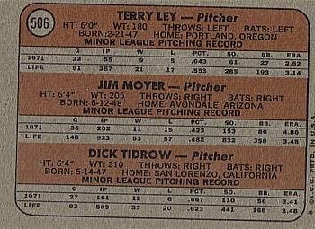 Topps 506 Indians 1972 Rookie Stars (Terry Ley / Jim Moyer / Dick Tidrow) back