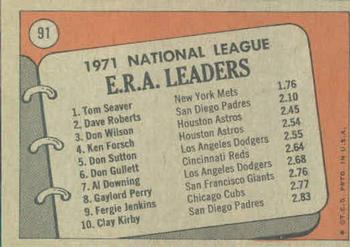 Topps 91 1971 N.L. E.R.A. Leaders (Tom Seaver / Dave Roberts / Don Wilson) back