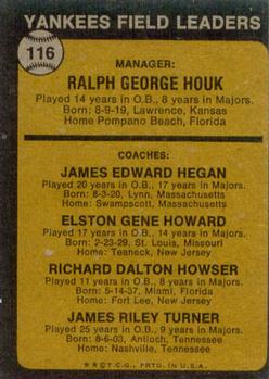 Topps 116 Yankees Field Leaders (Ralph Houk / Jim Hegan / Elston Howard / Dick Howser / Jim Turner) back