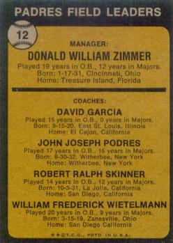 Topps 12 Padres Field Leaders (Don Zimmer / Dave Garcia / Johnny Podres / Bob Skinner / Whitey Wietelmann) back