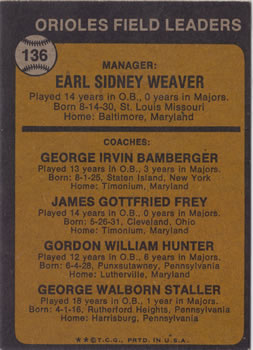 Topps 136 Orioles Field Leaders (Earl Weaver / George Bamberger / Jim Frey / Billy Hunter / George Staller) back