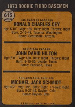 Topps 615 1973 Rookie Third Basemen (Ron Cey / John Hilton / Mike Schmidt) back