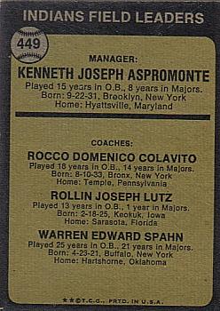 Topps 449 Indians Field Leaders (Ken Aspromonte / Rocky Colavito / Joe Lutz / Warren Spahn) back