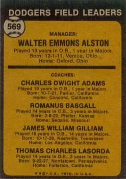 Topps 569 Dodgers Field Leaders (Walt Alston / Red Adams / Monty Basgall / Jim Gilliam / Tom Lasorda) back