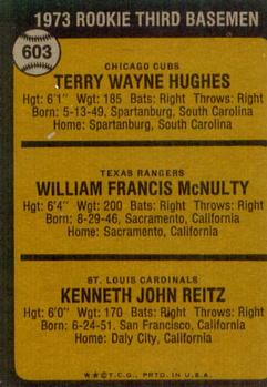 Topps 603 1973 Rookie Third Basemen (Terry Hughes / Bill McNulty / Ken Reitz) back