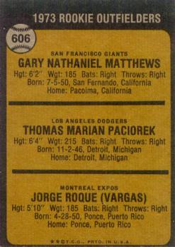 Topps 606 1973 Rookie Outfielders (Gary Matthews / Tom Paciorek / Jorge Roque) back