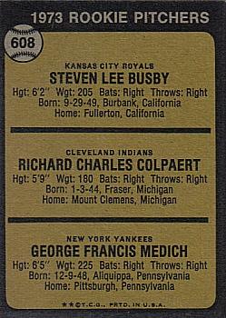 Topps 608 1973 Rookie Pitchers (Steve Busby / Dick Colpaert / George Medich) back