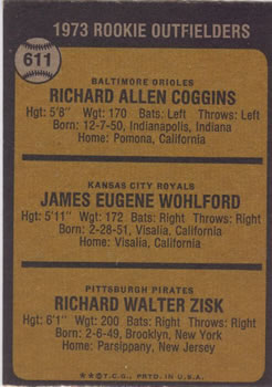 Topps 611 1973 Rookie Outfielders (Rich Coggins / Jim Wohlford / Richie Zisk) back