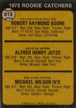 Topps 613 1973 Rookie Catchers (Bob Boone / Skip Jutze / Mike Ivie) back