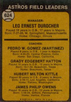 Topps 624 Astros Field Leaders (Leo Durocher / Preston Gomez / Grady Hatton / Hub Kittle / Jim Owens) back