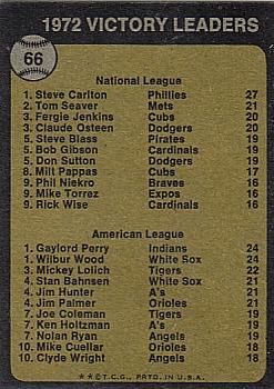 Topps 66 1972 Victory Leaders (Steve Carlton / Gaylord Perry / Wilbur Wood) back