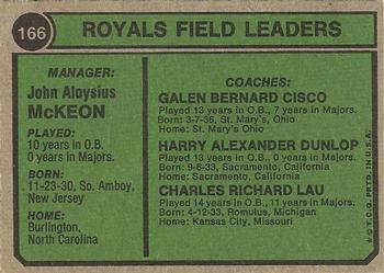 Topps 166 Royals Field Leaders (Jack McKeon / Charlie Lau / Galen Cisco / Harry Dunlop) back