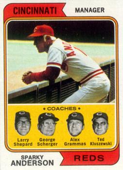 Topps 326 Reds Field Leaders (Sparky Anderson / Larry Shepard / George Scherger / Alex Grammas / Ted Kluszewski) #1974