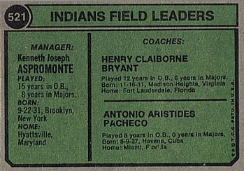 Topps 521 Indians Field Leaders (Ken Aspromonte / Clay Bryant / Tony Pacheco) back